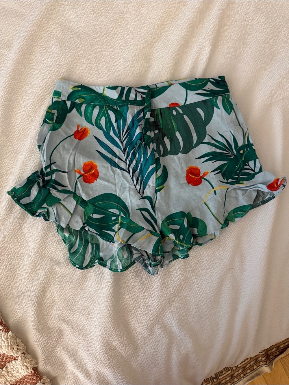 Zara Tropical Leaf Ruffle Hem Shorts - Light Blue, Green, Orange